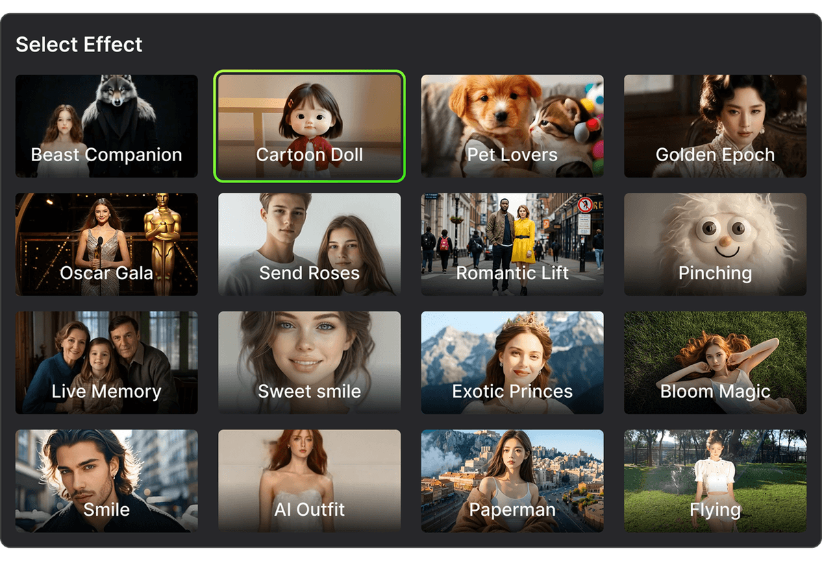 Más de 70 efectos de video IA